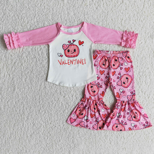 promotion RTS 6 A25-20 valentine cartoon watermelon pink ruffles love raglan long sleeve pant girl outfit
