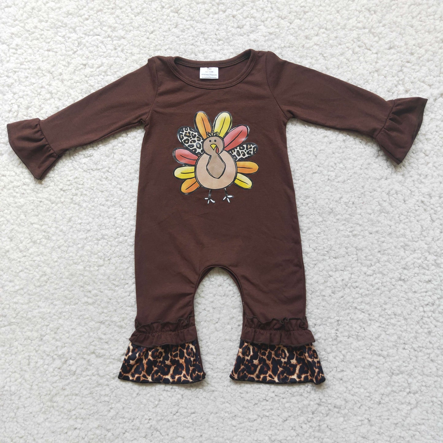 promotion 6 A2-6 Thanksgiving Brown Gel Print Turkey Leopard Long Sleeve Romper RTS 1024