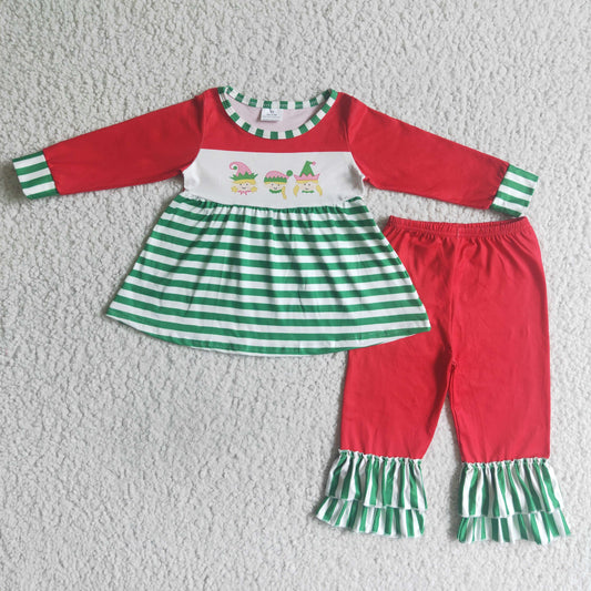 0715 RTS Cartoon green stripe long sleeve red pants girl dear clothes Christmas