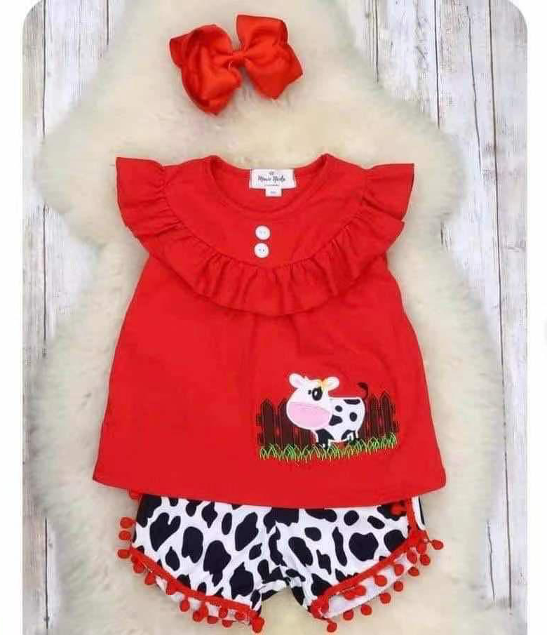 preorder cow print red ruffles short sleeve shorts girl outfits 0222