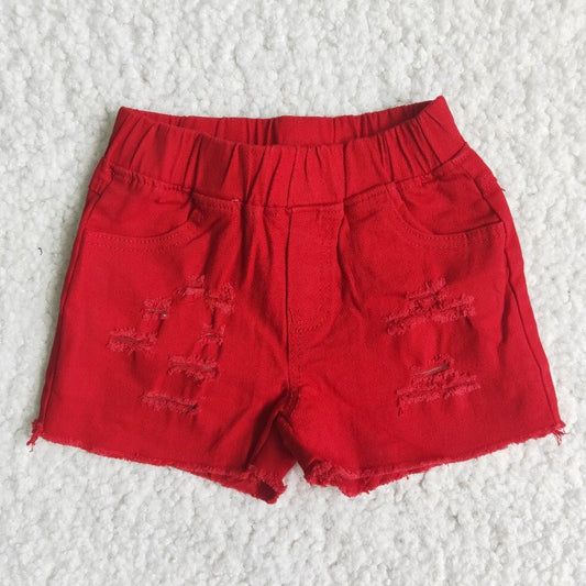 girl red elastic waist ripped denim shorts