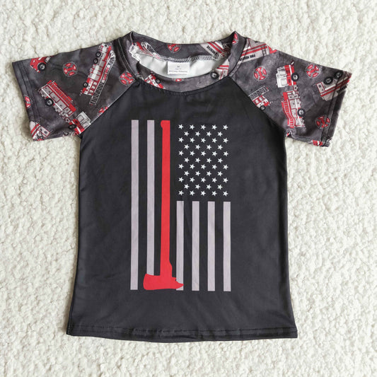 police red flag stripe American national fire car white black red boy short sleeve top 0118 JAN