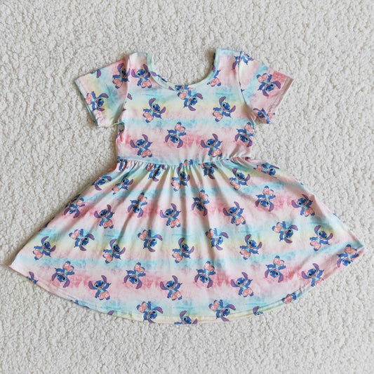 E8-17 cartoon blue sky star colorful pink short sleeve dress E8-17 RTS