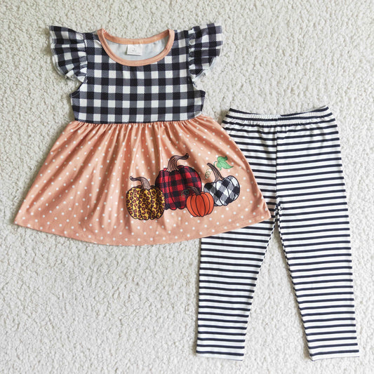 RTS cartoon orange pumpkin plaid short sleeve dots long pant girl outfit halloween 0816