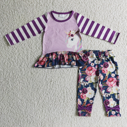 1017 Horse girl outfit long sleeve unicorn purple stripes floral legging pants