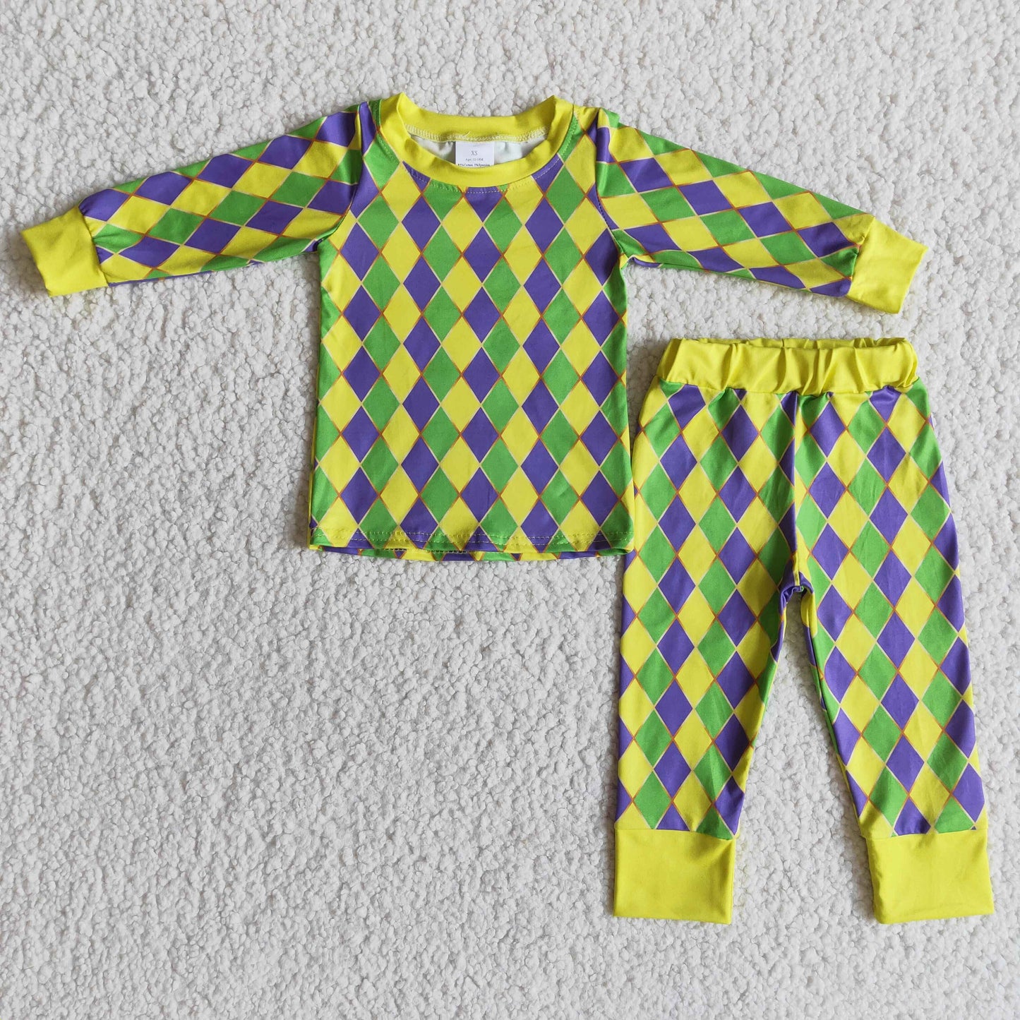 Mardi gras yellow green purple rhombus plaid long sleeve pajamas boy outfit 20230109 RTS