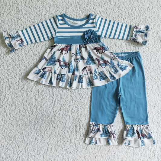 0726 RTS christmas horse long sleeve ruffles pants blue girl outfit