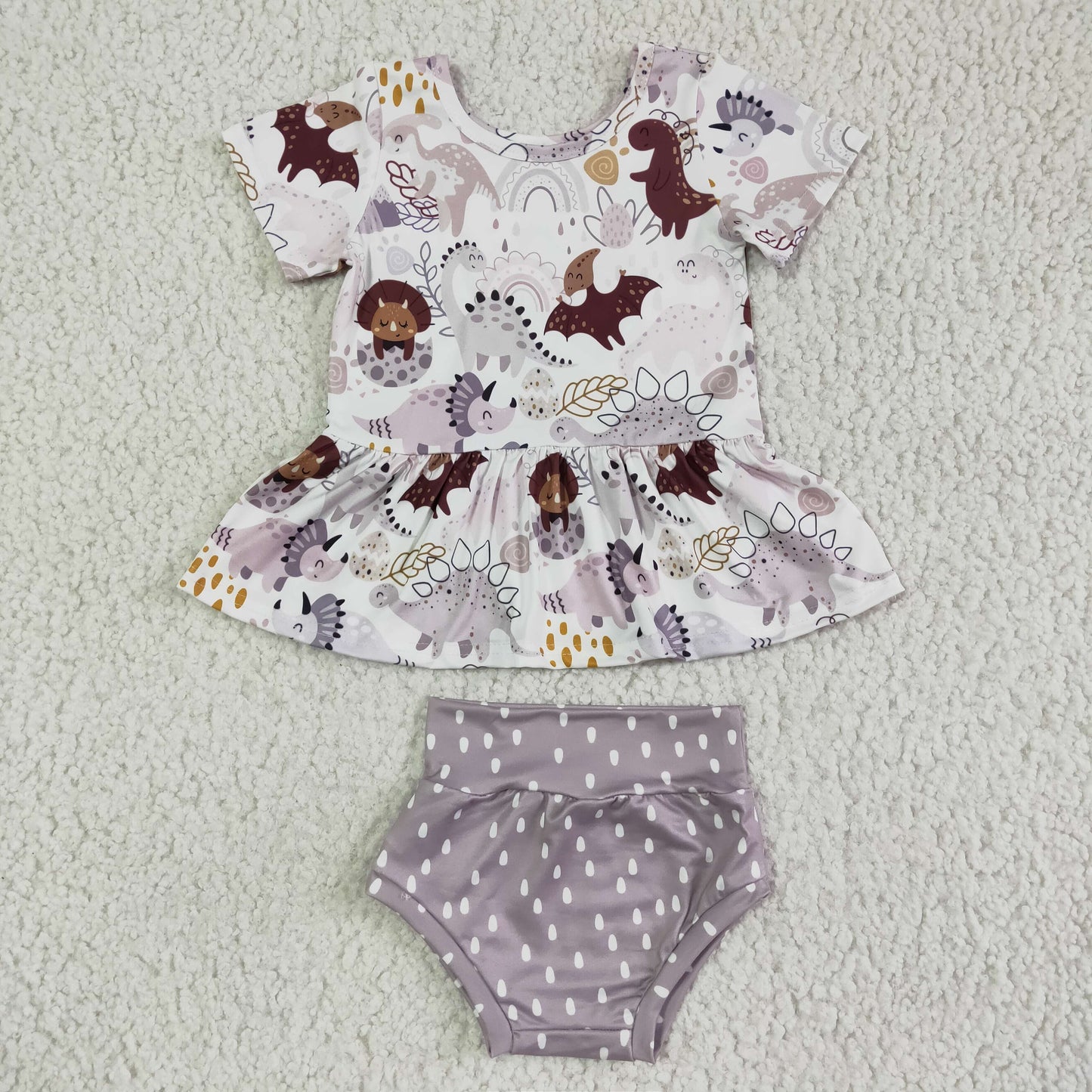 brown dinosaur ruffle girl short sleeve gray rain dots bummie set outfits 0430