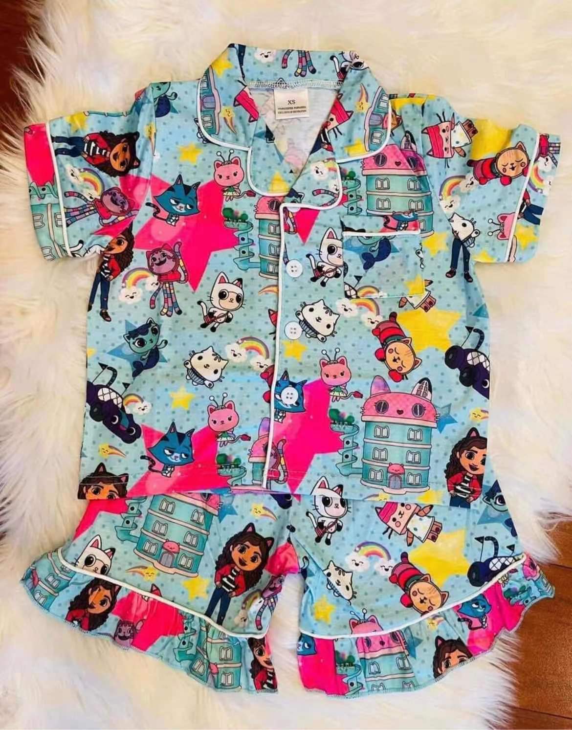 cartoon girl cat print short sleeve pajamas outfits 0331