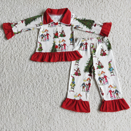 Christmas girl green cartoon button red collar long sleeve lace pajamas outfits