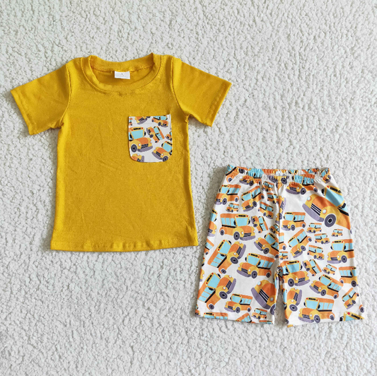 back to school RTS yellow top car print short sleeve shorts boy outfit 20230325