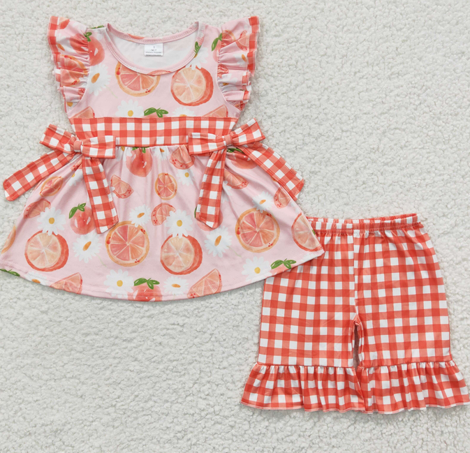 GSSO0239 fruit ruffle bow short sleeve shorts girl summer outfit 20230325