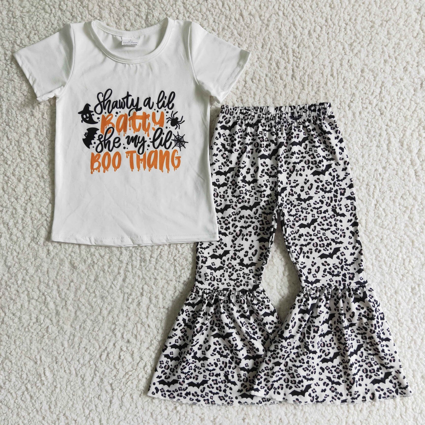 0905 RTS halloween girl letter bats leopard white short sleeve bell bottom pant outfit