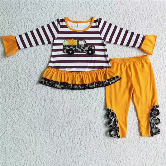 Embroidery blue pumpkin truck ruffle stripe top orange pants girl outfit 0823 RTS