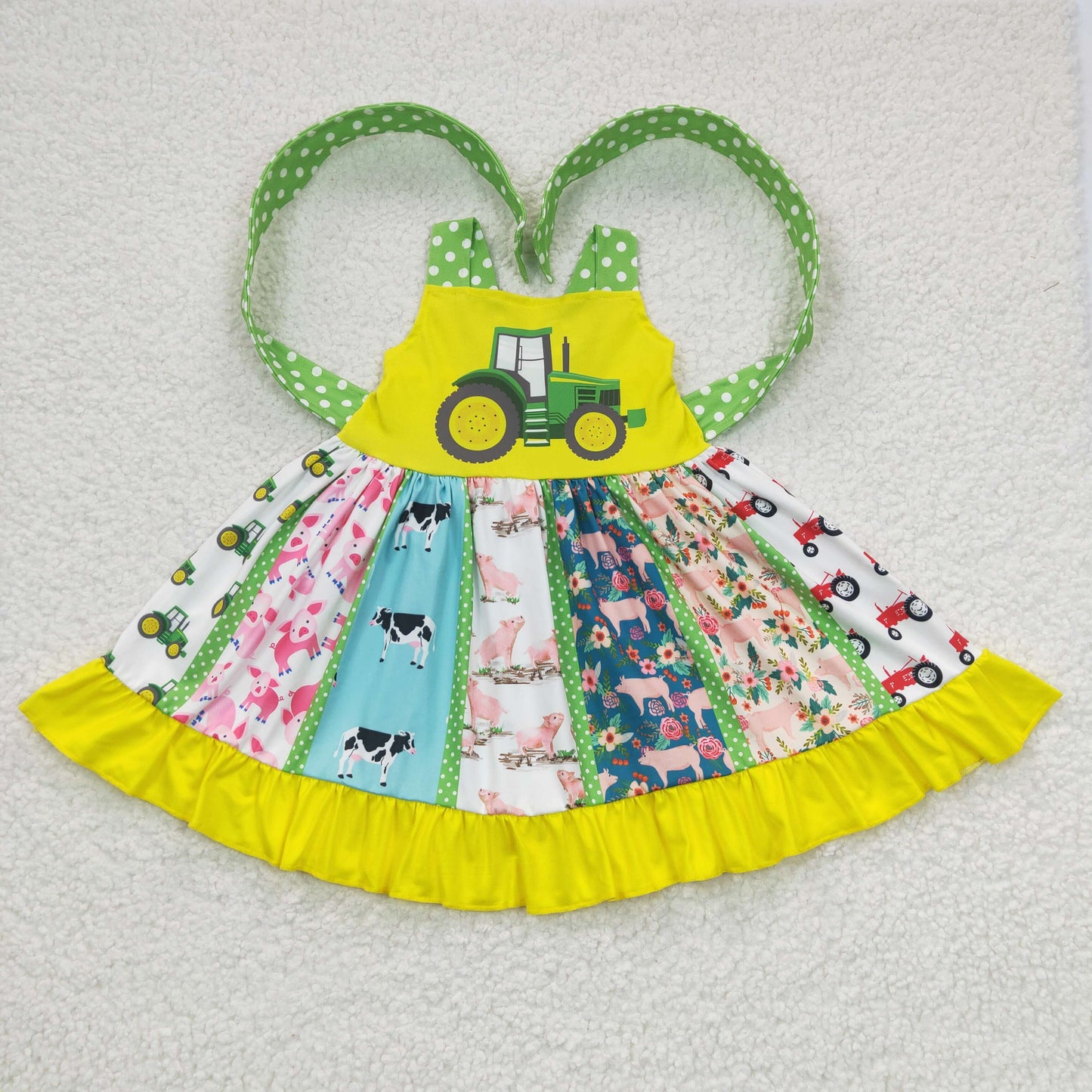 A0-21 farm tractors green yellow patchwork belt sleeveless dress 20230225 RTS