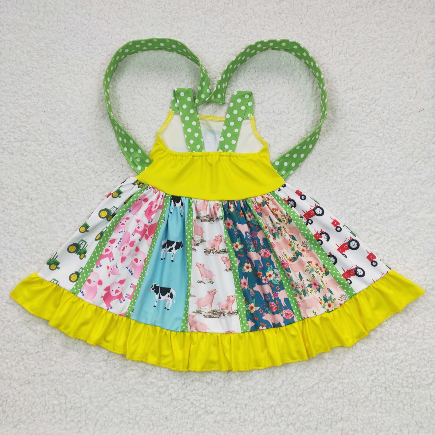 A0-21 farm tractors green yellow patchwork belt sleeveless dress 20230225 RTS