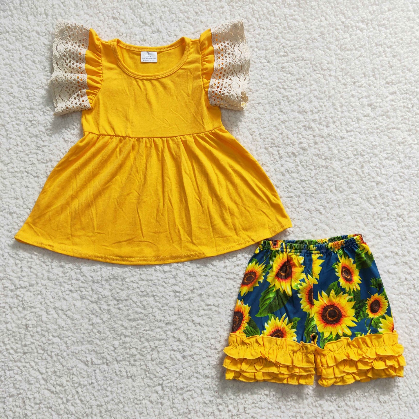 promotion A10-24 Sunflower lace puffy top set yellow ruffles short sleeve shorts girl outfit 20230309 RTS