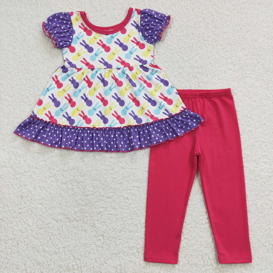 A12-14 Easter rabbit purple ruffles puffy short sleeve legging pants outfit 20230307 RTS