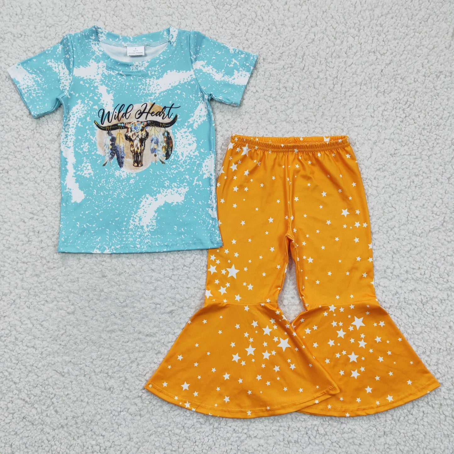 promotion A12-2 blue dot wild cow letters yellow star short sleeve bell bottom pant girl outfit 20230116 RTS