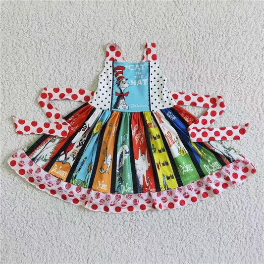 Promotion RTS cartoon red dot belt  reading patchwork short sleeves sleeveless girl dress 20230224 RTS