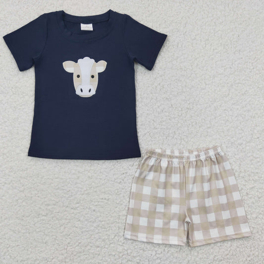 A14-11 Boy cow head blue Paid shorts embroidery short sleeve shorts outfits RTS 20230322