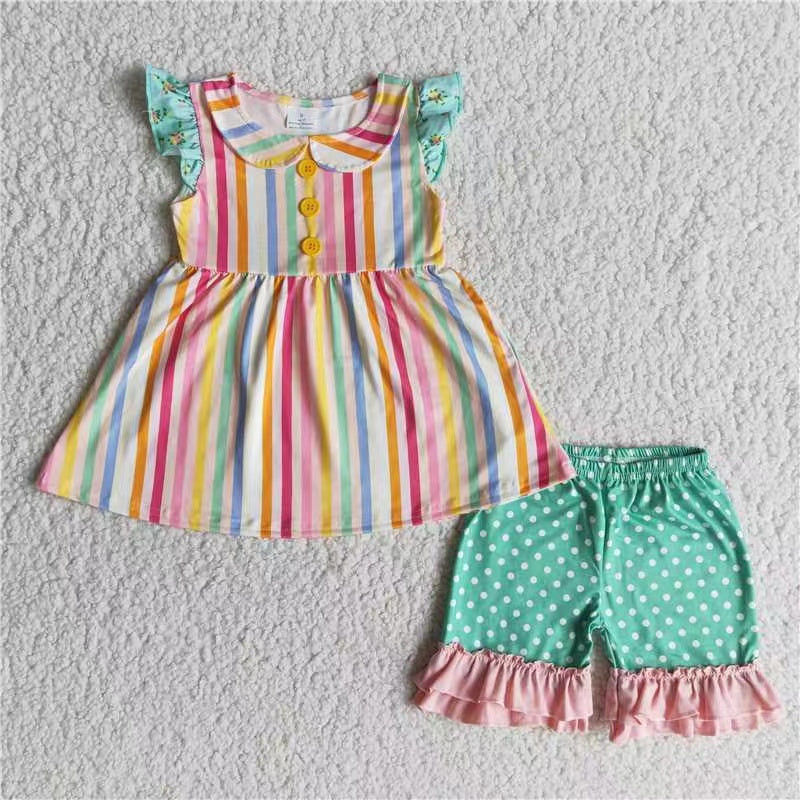 promotion A15-9 Stripe colorful button pink puffy green Polka Dots ruffles short sleeve shorts girl outfit 20230323 RTS