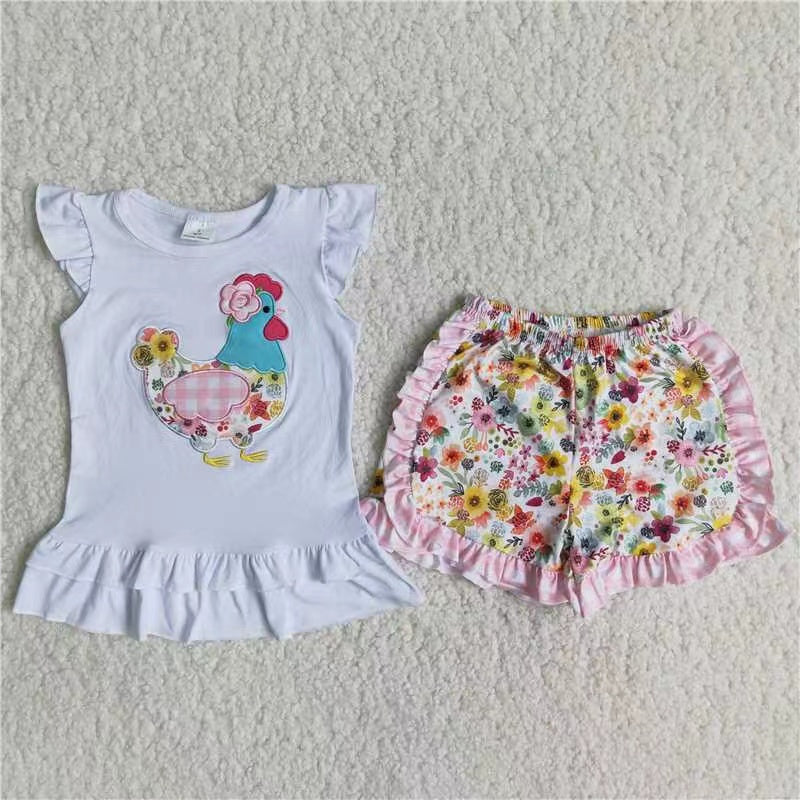 A16-10 Chicken embroidery white floral short sleeve shorts girl outfits 20230224 RTS