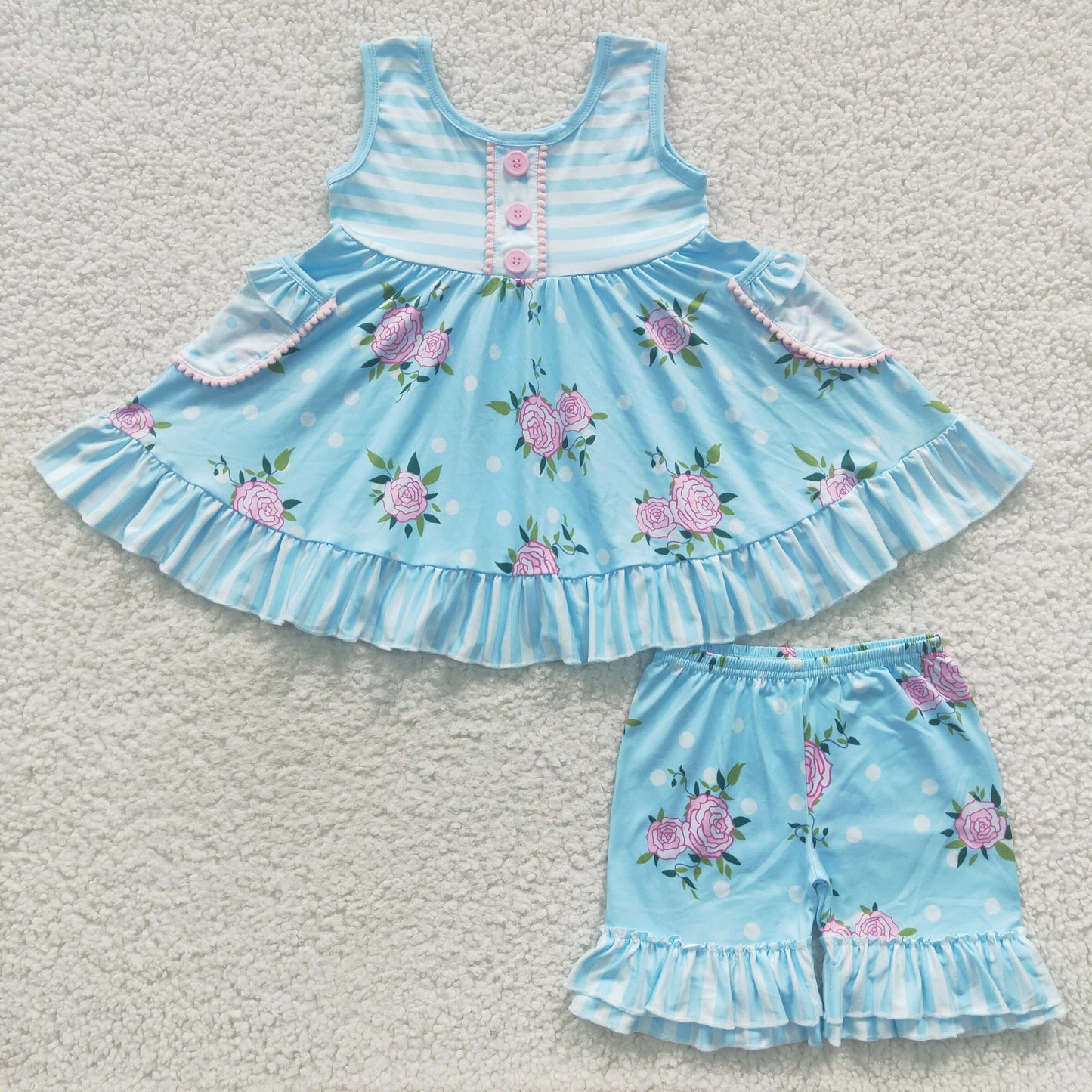 A17-2 sky blue white stripe flower button ruffles pocket short sleeve shorts girl outfit 20230421 RTS