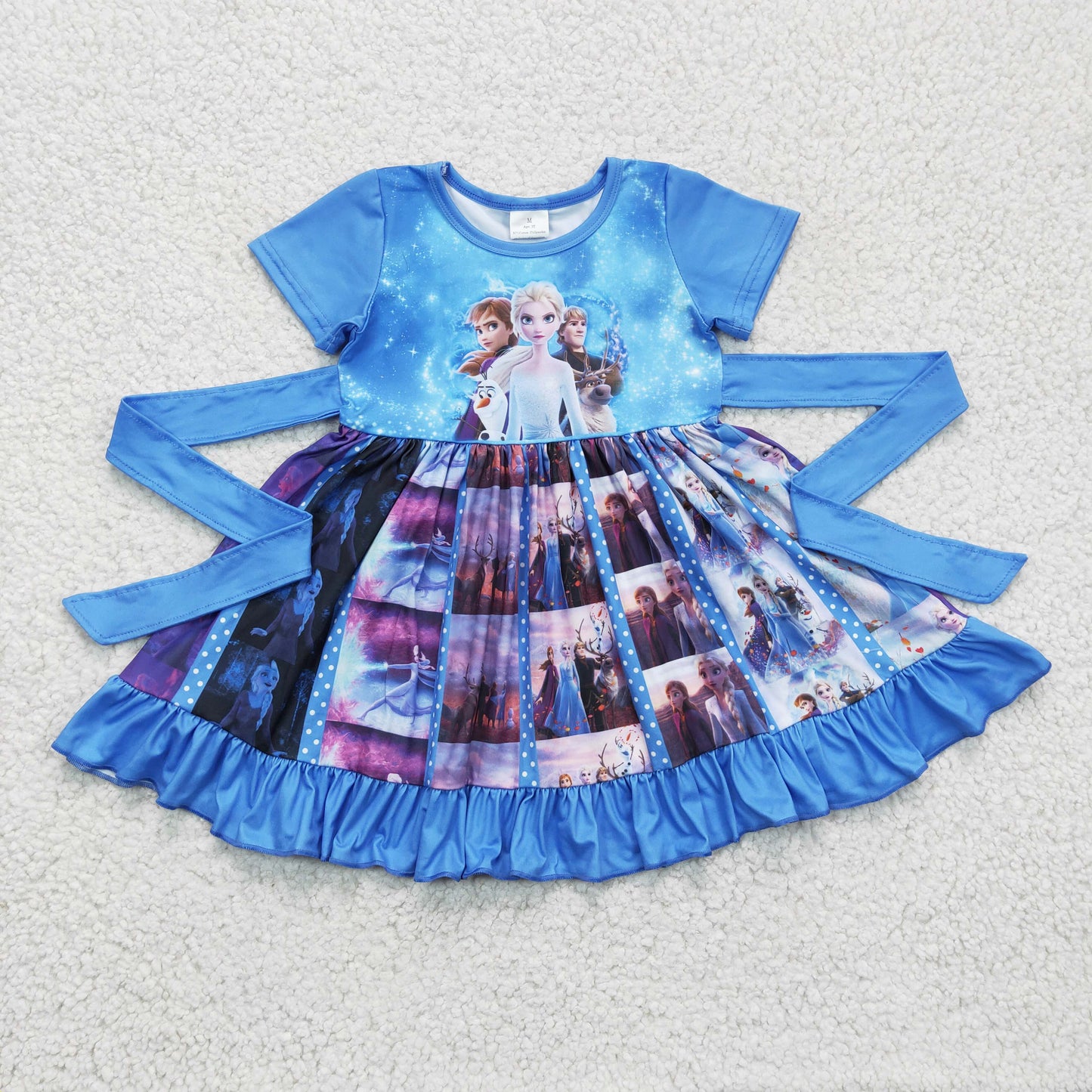 A 18-9 blue ice princess cartoon patchwork belt short sleeve dress RTS 1213