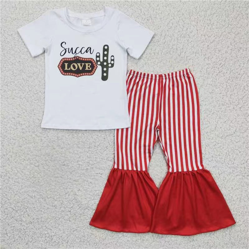 Promotion A2-1 succa love letters cactus red stripe short sleeve bell bottom girl outfit 202402