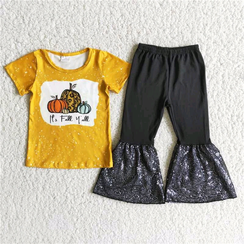 RTS pumpkin yellow top short sleeve sequin bell bottom pants girl outfit 0511