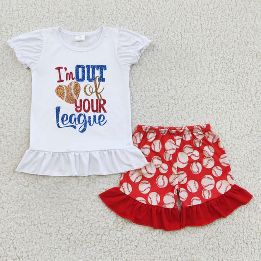 A2-2 Baseball ruffles red short sleeve shorts girl outfit RTS 20230323