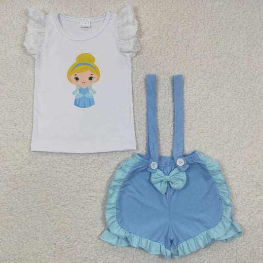 A4-3 blue cartoon princess short sleeve short suspender shorts girl summer outfit 20230313 rts