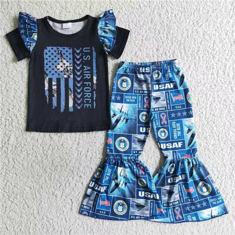 A4-4 Police USA air blue flag short sleeve pants girl outfits 20230417 RTS