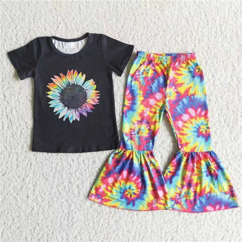 promotion A6-24 tie-dyed colorful sunflower black short sleeve bell bottom girl outfit 20230412 RTS