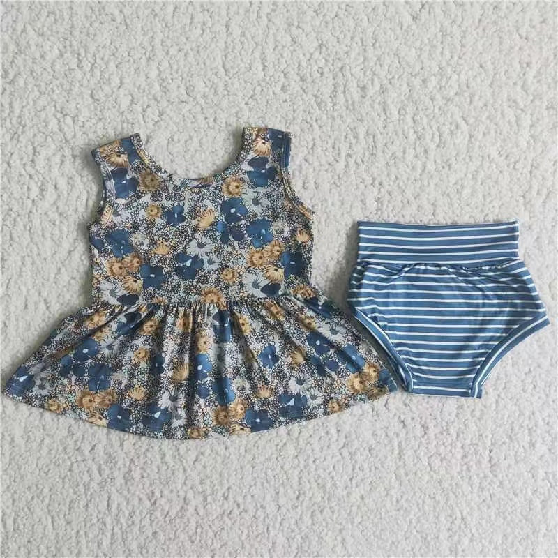 promotion A8-11 Blue flower top stripe short sleeve girl bummies outfit 20230308 RTS