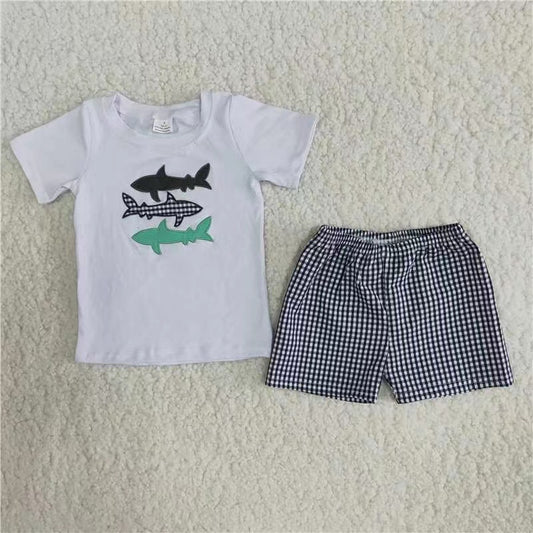 A8-23 Shark embroidery white black plaid boy short sleeve shorts Girl outfit 20230328 RTS