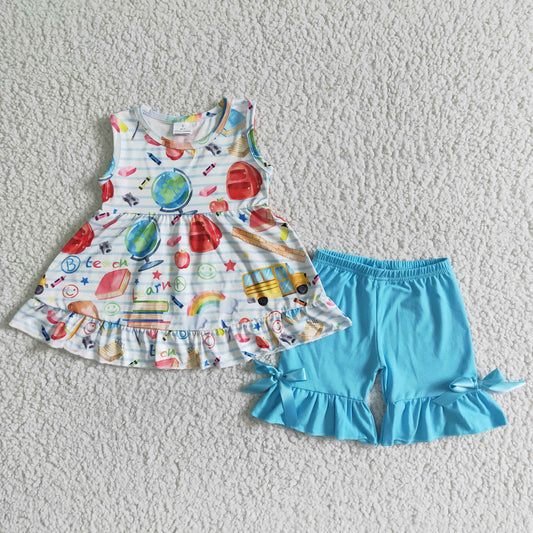 RTS back to school ruler pencil bus blue puffy short sleeve shorts girl outfit 0614
