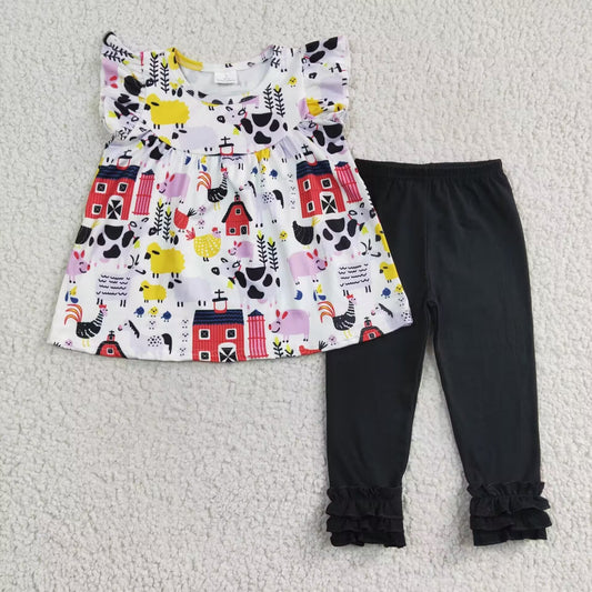 promotion A9-8 Red house farm cow print short sleeve black bell bottom pant outfit 20230725 RTS