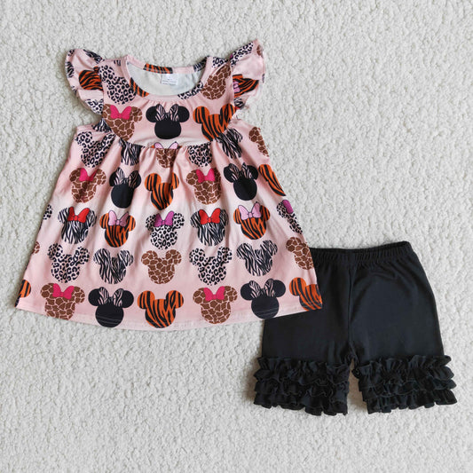 promotion RTS B1-4 pink puffy colorful leopard cartoon mouse girl short sleeves black shorts Jan 0115
