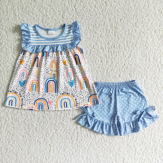 promotion GSSO0028 rainbow blue white stripes ruffles dot short sleeve shorts girl outfits RTS 202405