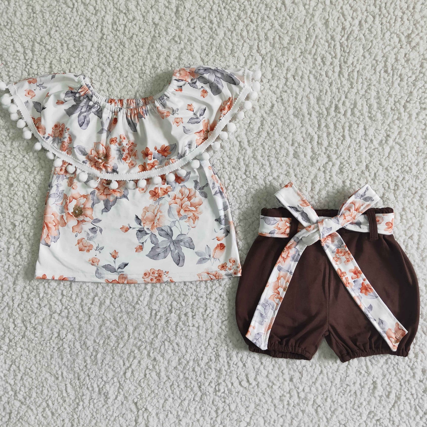 promotion RTS floral bow brown white short sleeve shorts girl outfits  202405 RTS