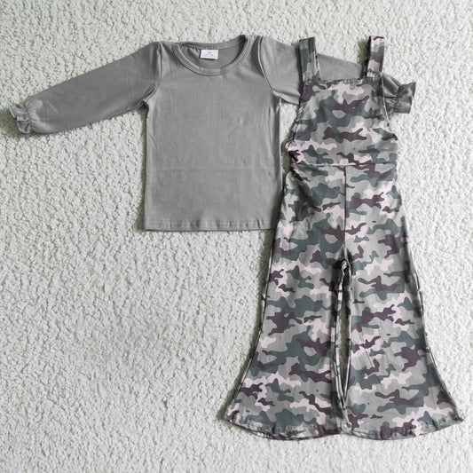 Girl Grey Bow Camo Long Sleeve Overall Outfits 0719 RTS