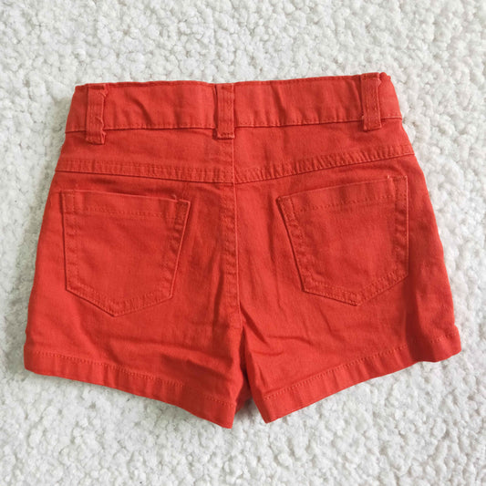 A9-20 RTS ruffle pockets girl button red watermelon color ripped denim shorts 0528