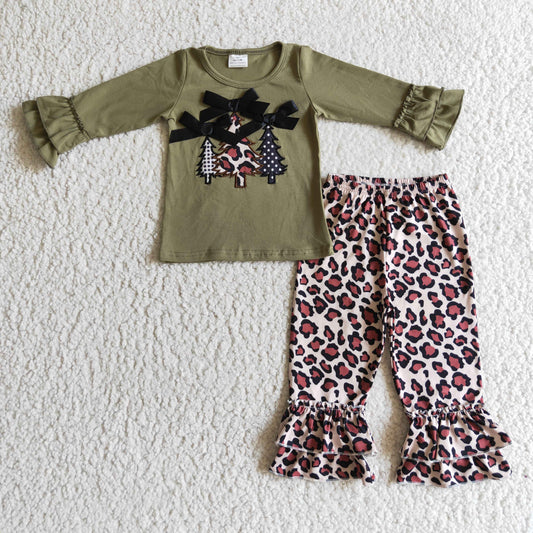 GLP0231 green long sleeve Christmas trees bows leopard outfit 0930 RTS