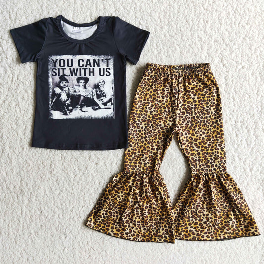 A0-23 can't sit with us letters leopard print black short sleeve bell bottom pants girl outfit