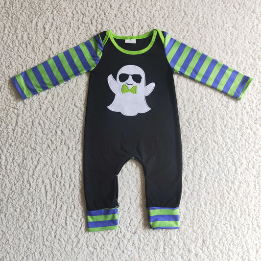 0926 RTS boo halloween long black sleeve stripe boy romper