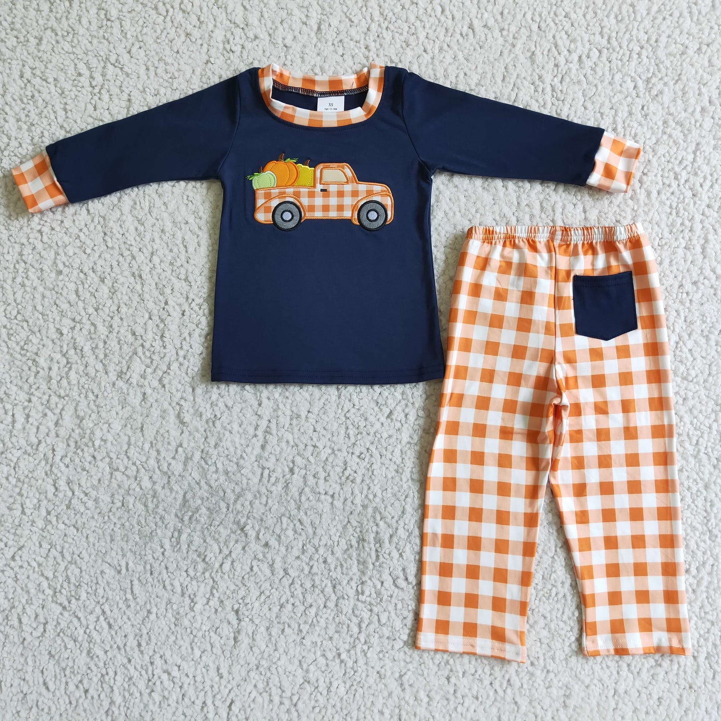 RTS 0722 halloween blue Embroidery pumpkin truck orange plaid boy outfit