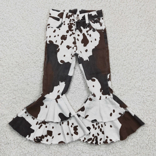 Aa-1 Cow print double ruffles button jeans denim girl pants 202401 RTS