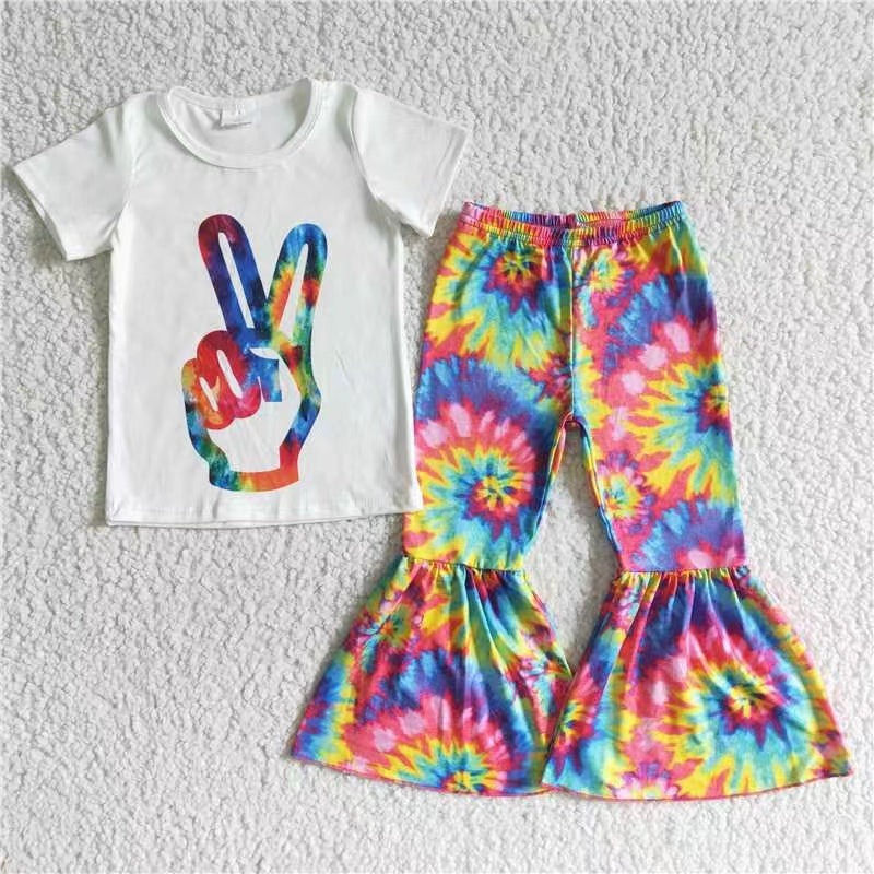 Aa-2 tie-dyed colorful short sleeve bell bottom girl outfit 20230412 RTS